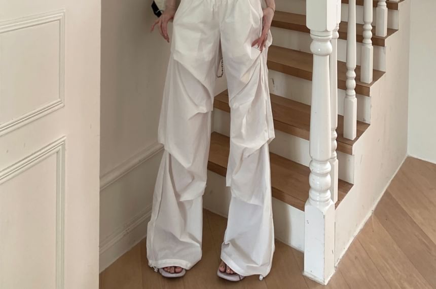 Top Neck Plain Sleeveless / Low Wide Waist Leg Pants Round Ruched Bodysuit