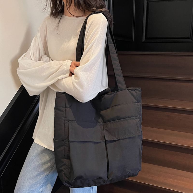 Tote Plain Flap Fabric Bag Pocket