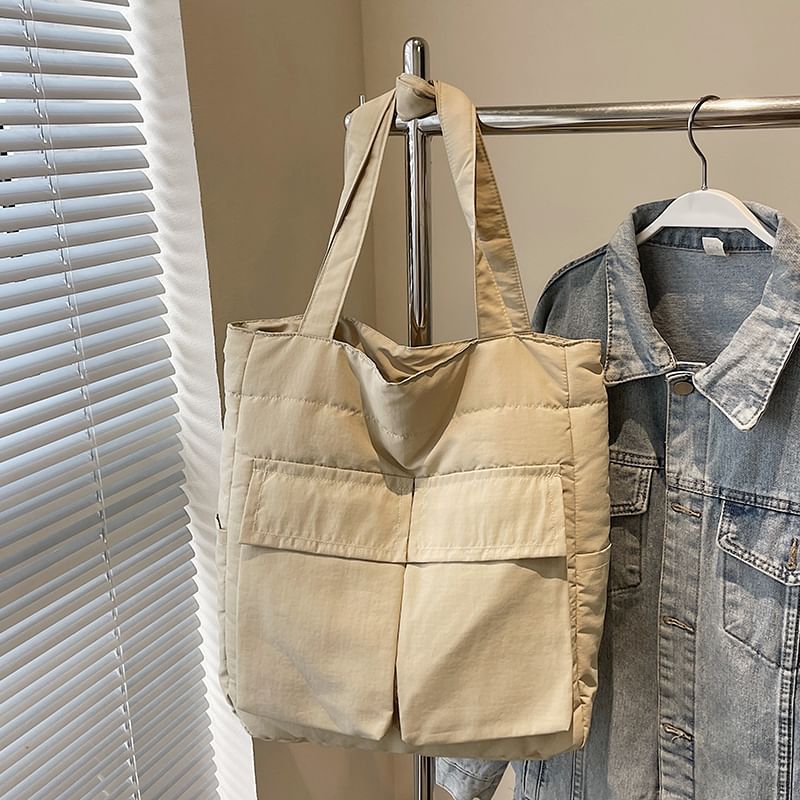 Tote Plain Flap Fabric Bag Pocket