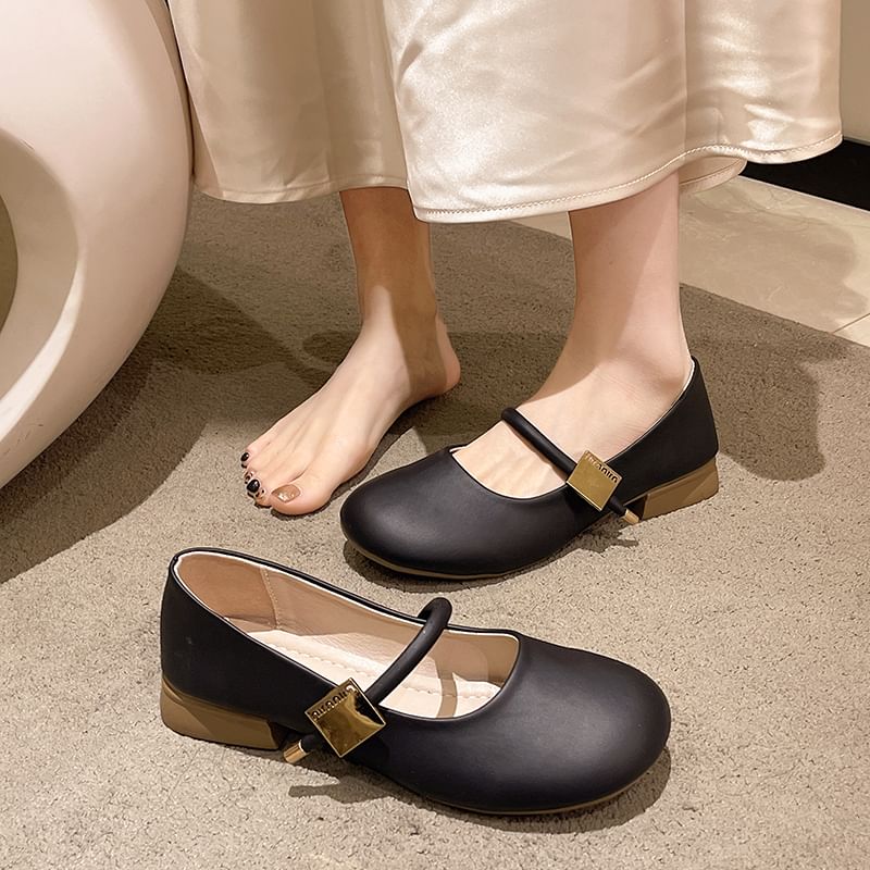 Leather Jane Mary Chunky Plain Heel Faux Shoes