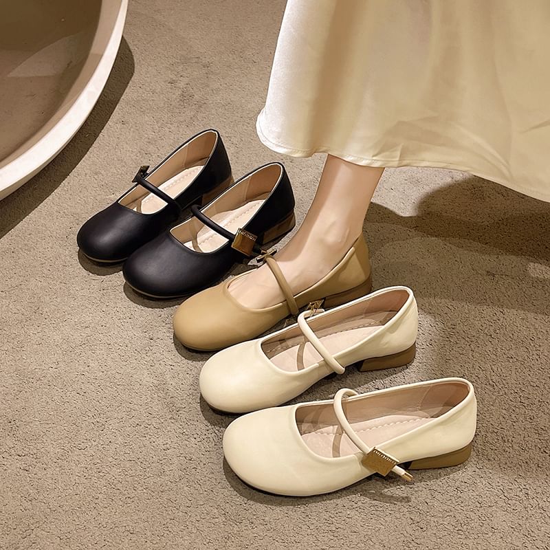 Leather Jane Mary Chunky Plain Heel Faux Shoes