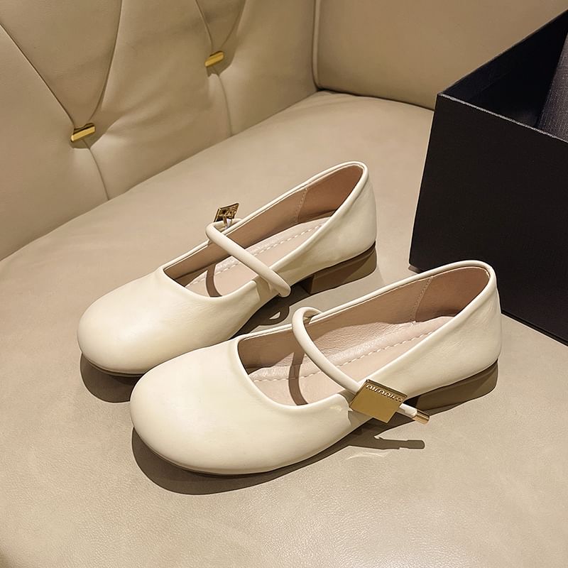 Leather Jane Mary Chunky Plain Heel Faux Shoes