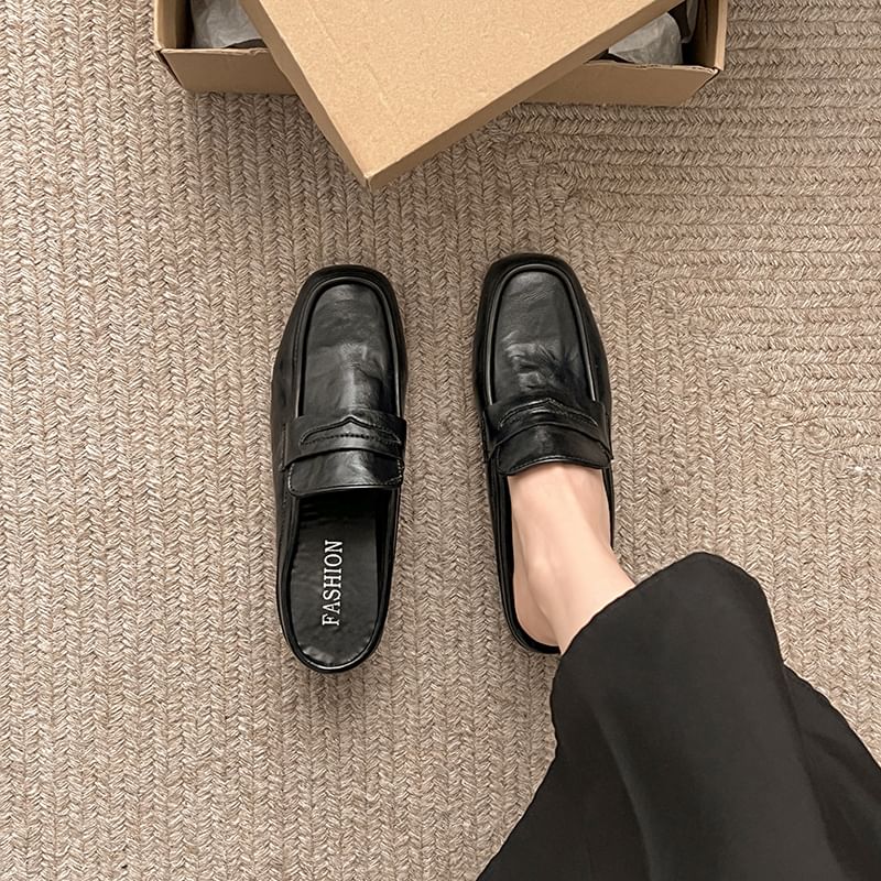 Chunky Faux Plain Leather Loafer Penny Heel Mules