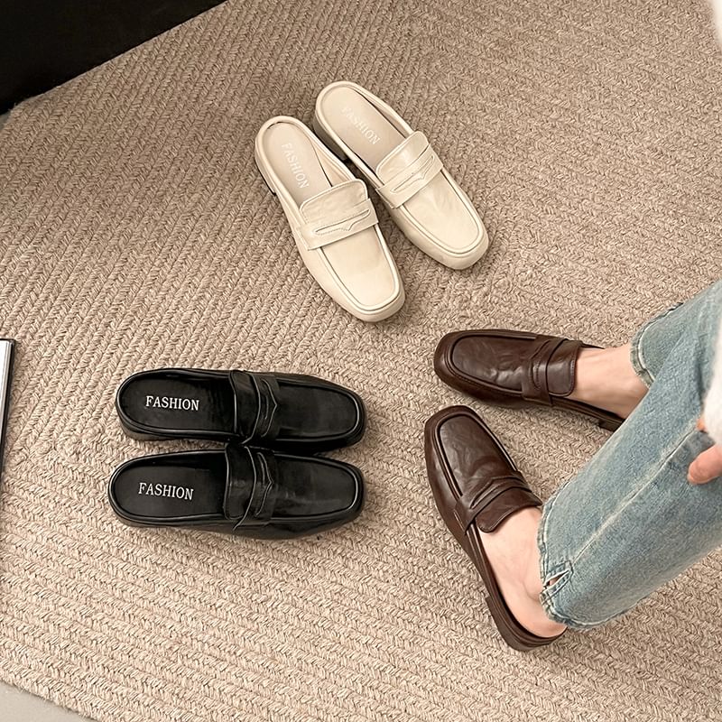 Chunky Faux Plain Leather Loafer Penny Heel Mules