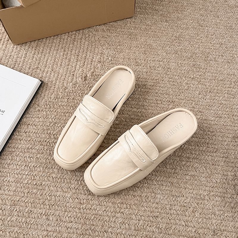 Chunky Faux Plain Leather Loafer Penny Heel Mules