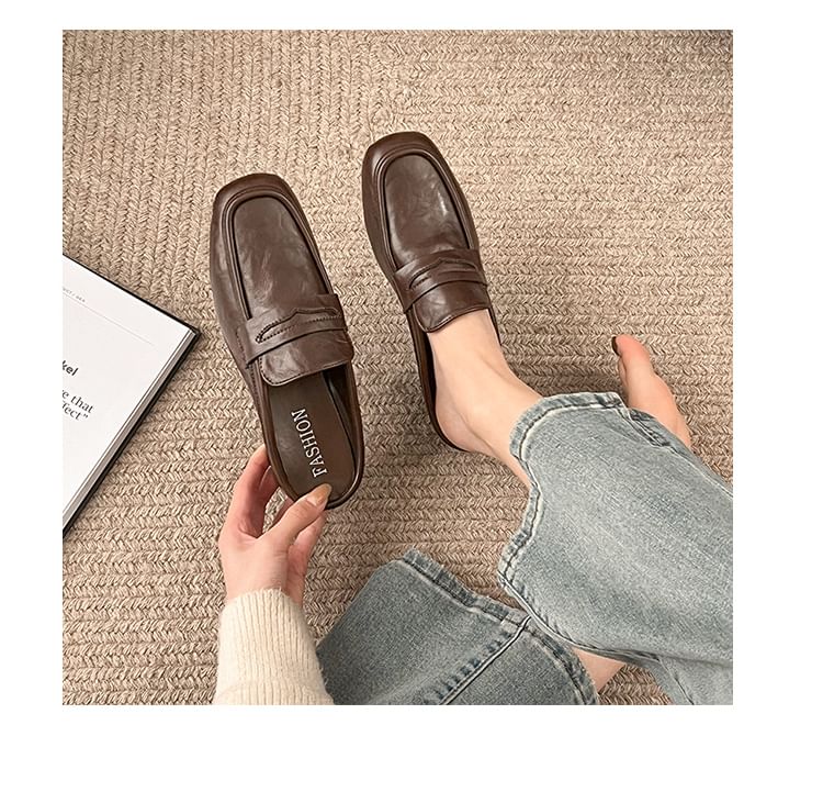 Chunky Faux Plain Leather Loafer Penny Heel Mules