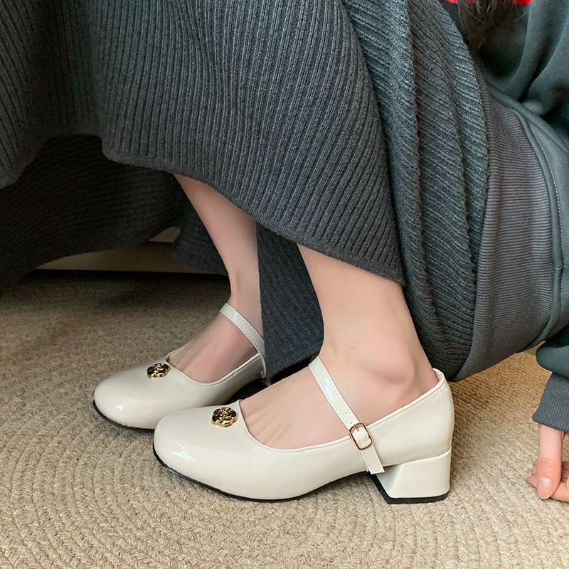 Accent Mary Chunky Jane Flower Heel Leather Pumps Patent