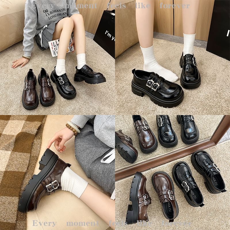 Shoes Leather Faux Buckled Platform Plain