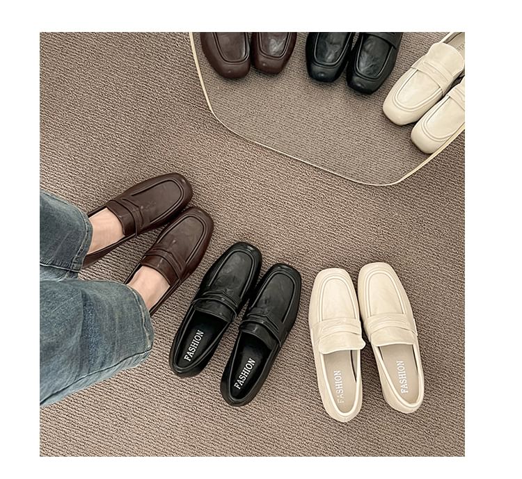 Chunky Plain Penny Leather Heel Faux Loafers