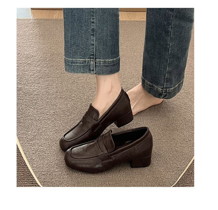 Chunky Plain Penny Leather Heel Faux Loafers