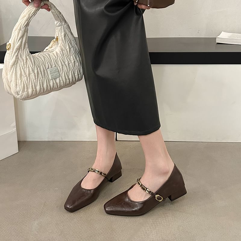 Mary Jane Buckled Faux Leather Heel Chunky Pumps