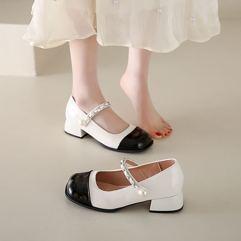 Chunky Heel Pumps Mary Jane Faux Accent Toe Pearl Cap