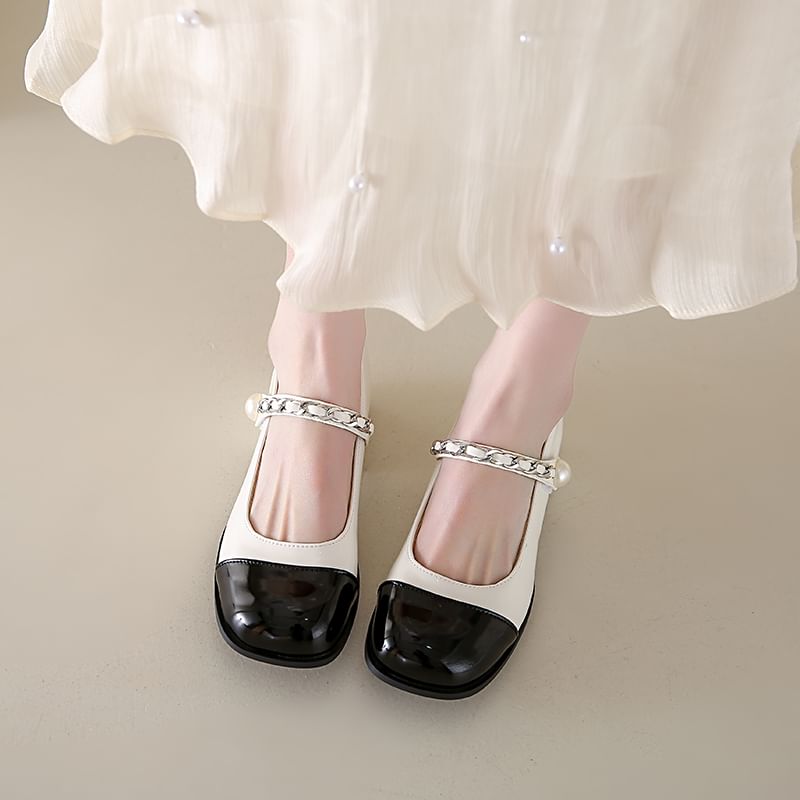 Chunky Heel Pumps Mary Jane Faux Accent Toe Pearl Cap