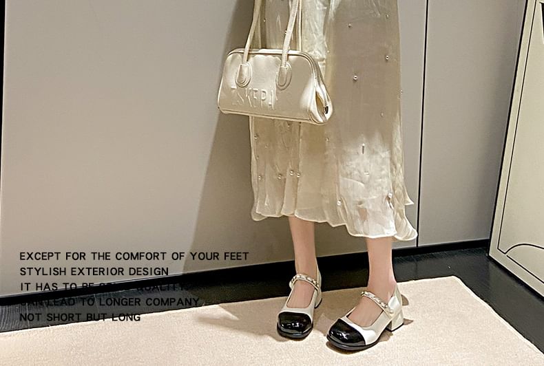 Chunky Heel Pumps Mary Jane Faux Accent Toe Pearl Cap