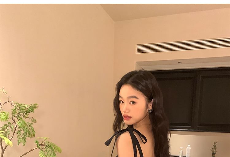 A-Line Plain Shoulder Dress Tie Maxi