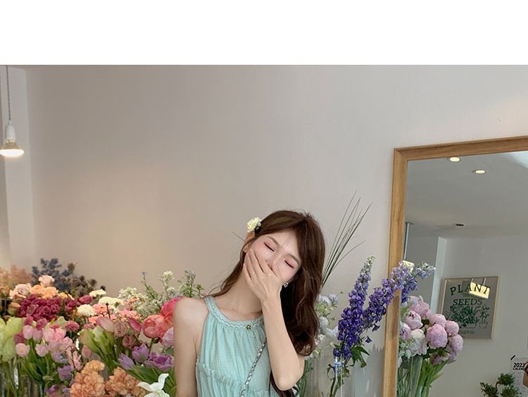 A-Line Sleeveless Neck Dress Midi Round Panel Plain