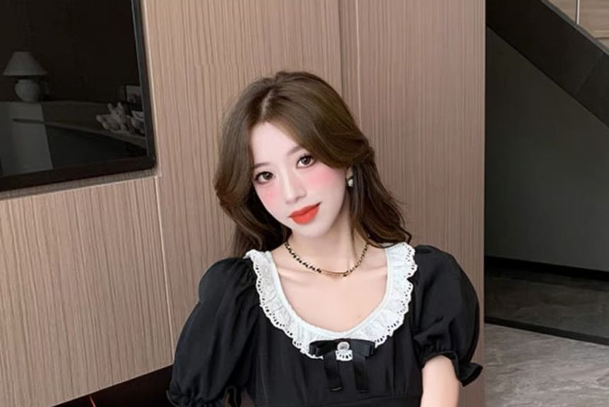 Bow Ruffle Sleeve Mini Dress Puff Neck Round A-Line