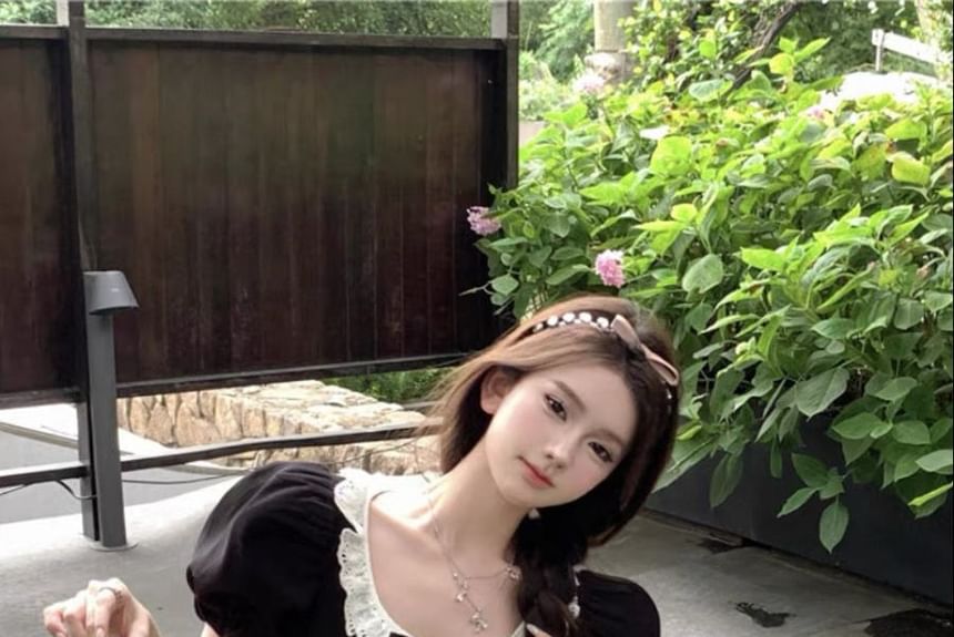 Bow Ruffle Sleeve Mini Dress Puff Neck Round A-Line