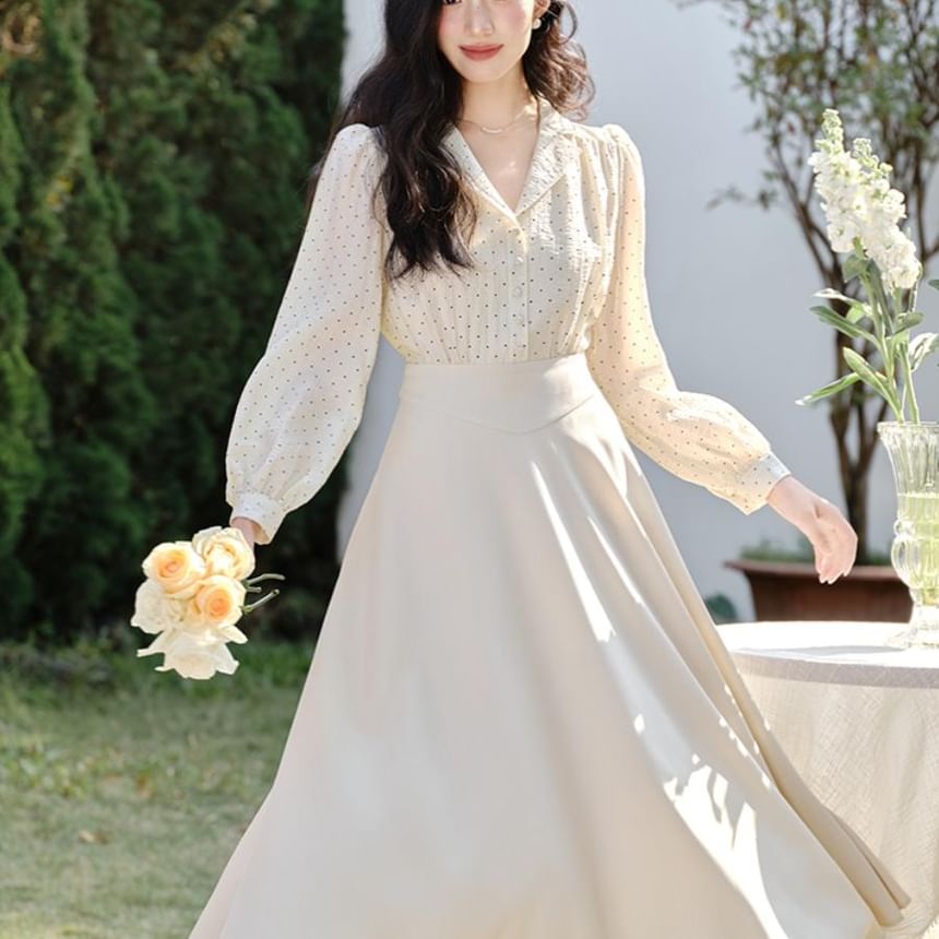 Dotted Collared Mock Two-Piece Long Sleeve A-Line Maxi