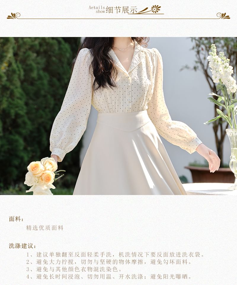Dotted Collared Mock Two-Piece Long Sleeve A-Line Maxi