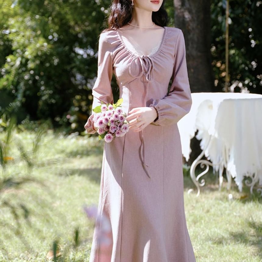 Tie Front Scoop Neck Long Sleeve A-Line Maxi