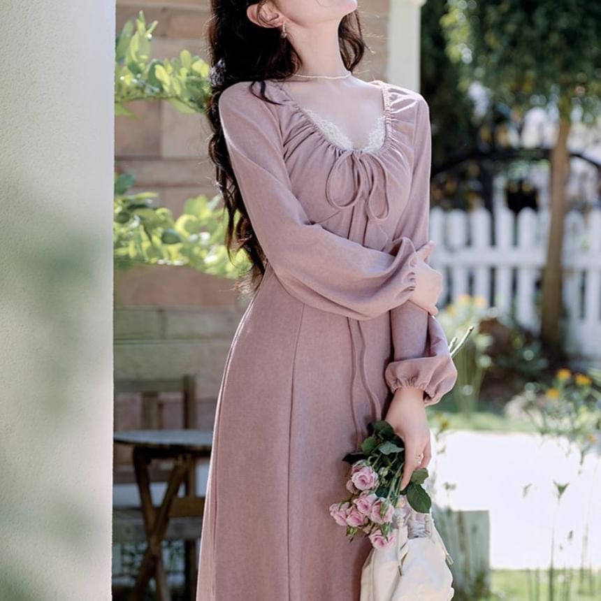 Tie Front Scoop Neck Long Sleeve A-Line Maxi