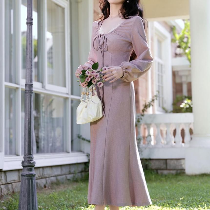 Tie Front Scoop Neck Long Sleeve A-Line Maxi