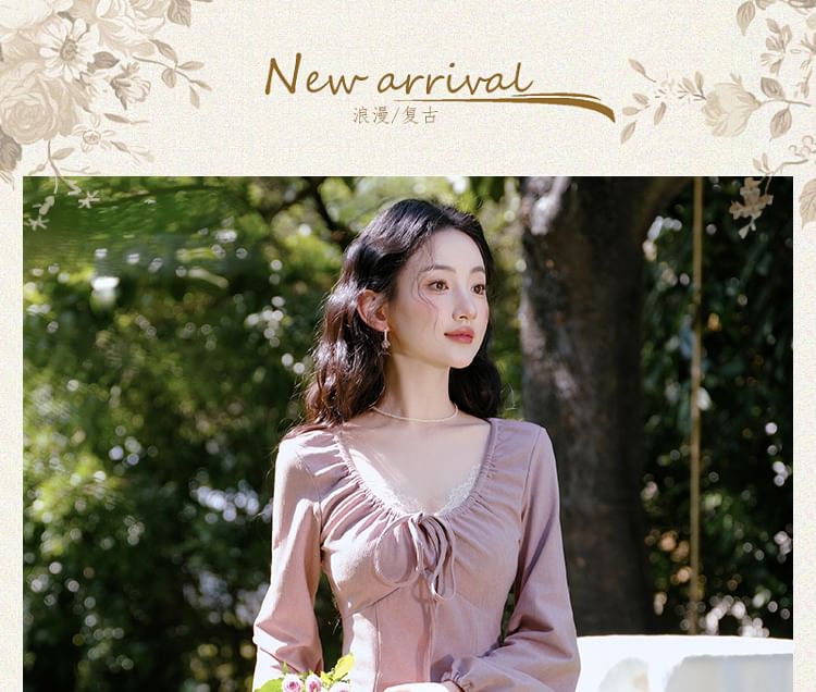 Tie Front Scoop Neck Long Sleeve A-Line Maxi