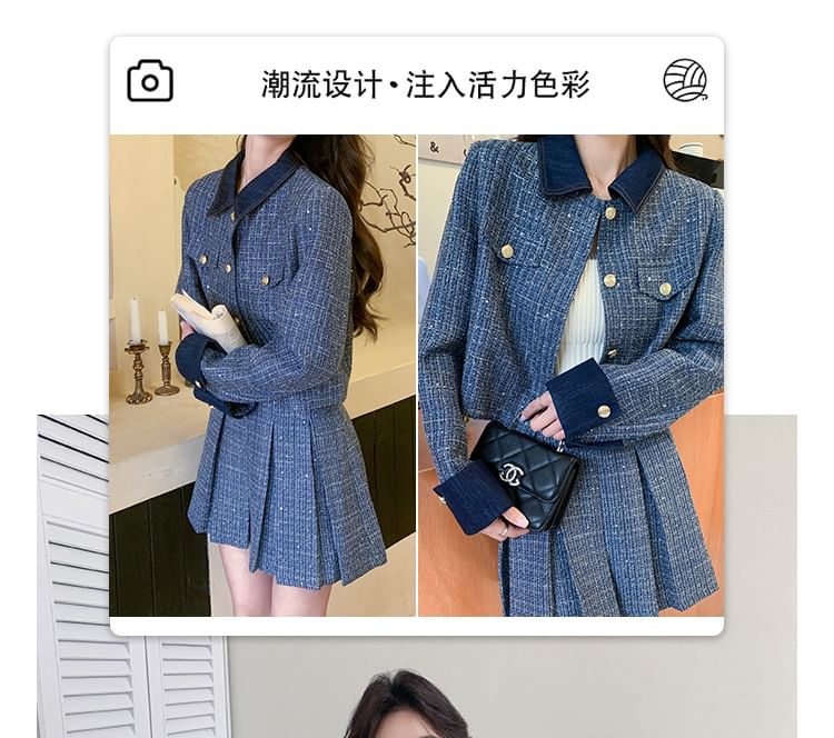 Set: Collared Tweed Button-Up Jacket + Mini Pleated Skirt