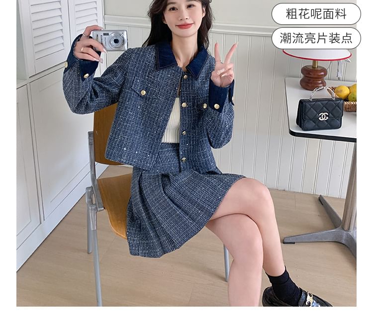 Set: Collared Tweed Button-Up Jacket + Mini Pleated Skirt