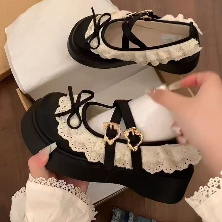 Buckled Jane Shoes Mary Trim Platform Ruffle Lace