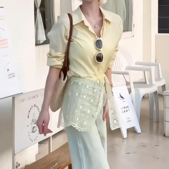 Lace Panel Sleeve Shirt Collared Long Plain Trim