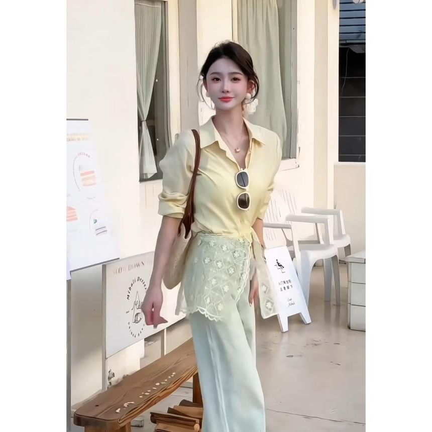 Lace Panel Sleeve Shirt Collared Long Plain Trim