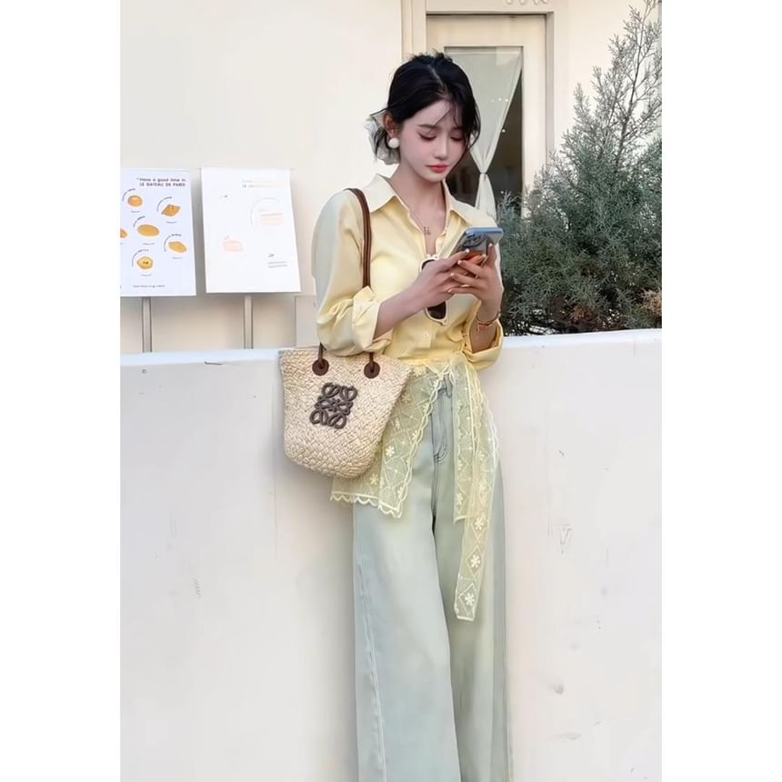 Lace Panel Sleeve Shirt Collared Long Plain Trim