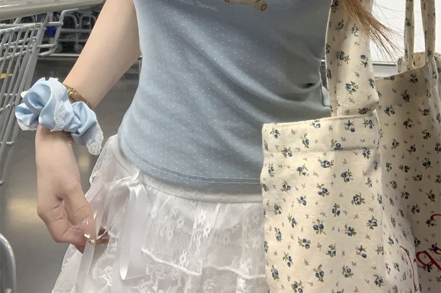 Bear Trim Lace Short-Sleeve Tee Slim Fit Print Crop Neck Scoop