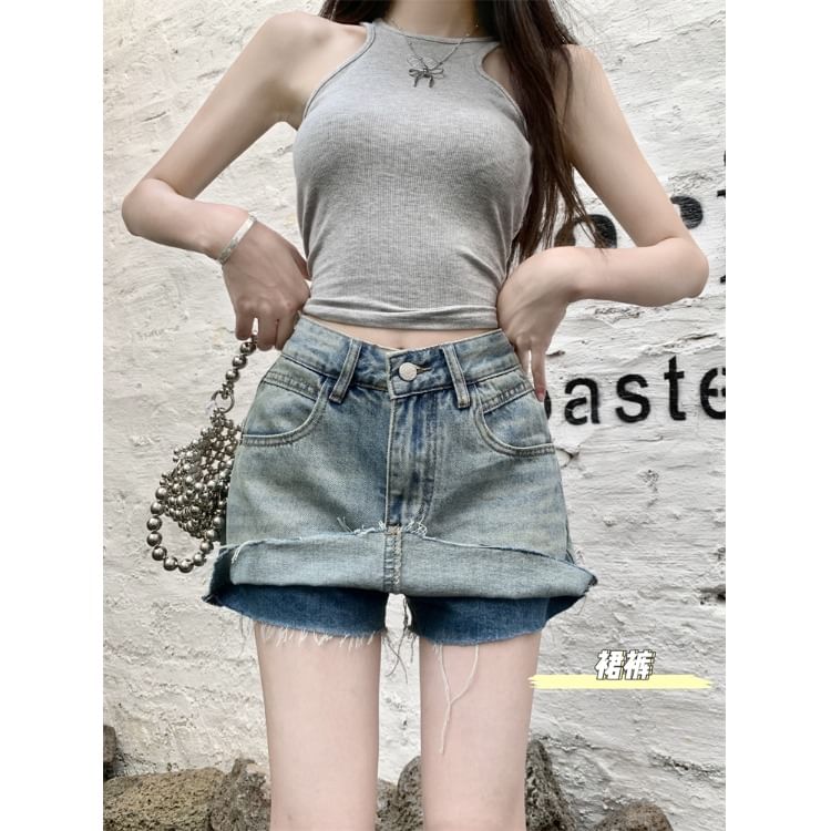 Frayed Washed Denim Mini Pencil Skirt with High Rise