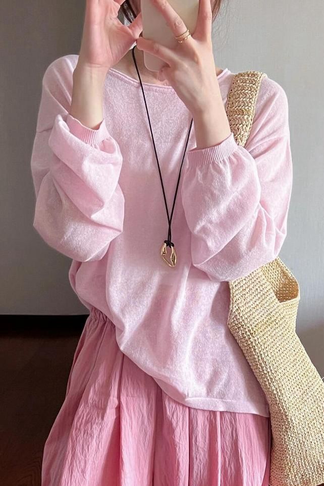 Neck Top Plain Round Long-Sleeve