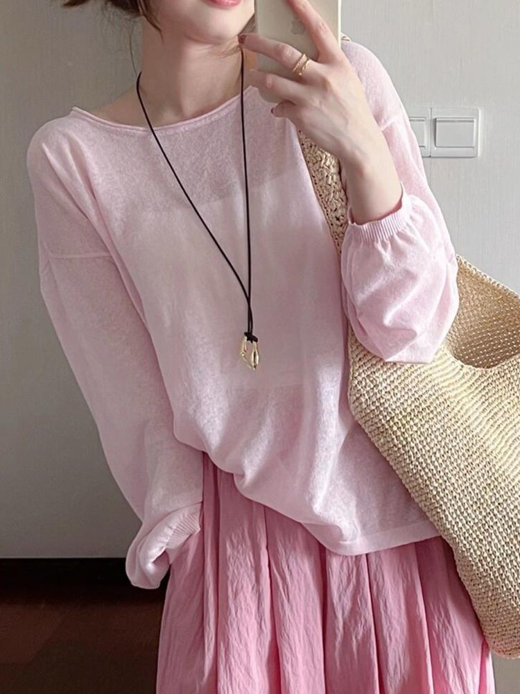 Neck Top Plain Round Long-Sleeve