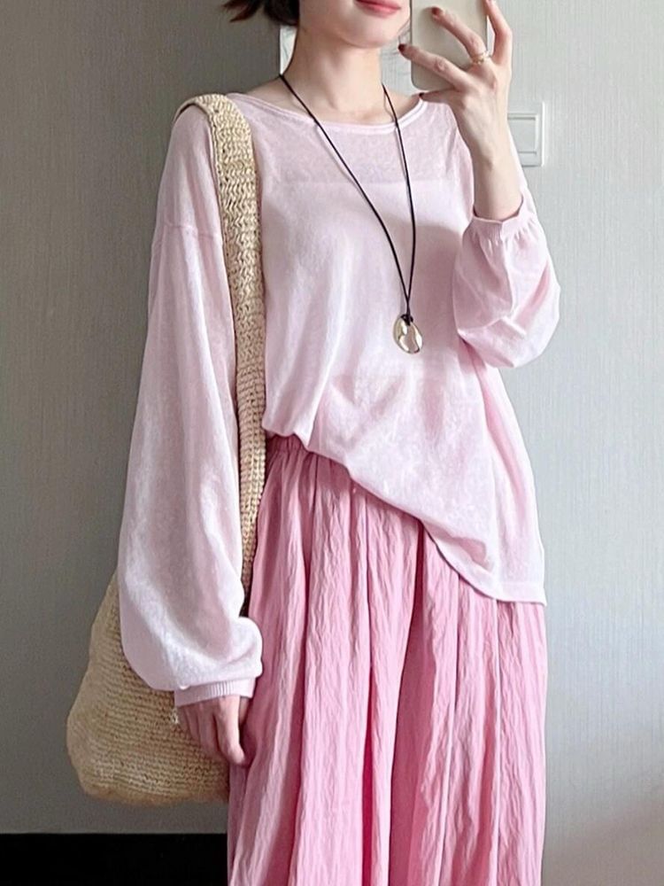 Neck Top Plain Round Long-Sleeve