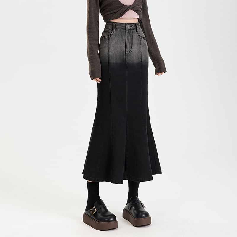 Gradient Washed Denim Mermaid Midi Skirt with High Rise