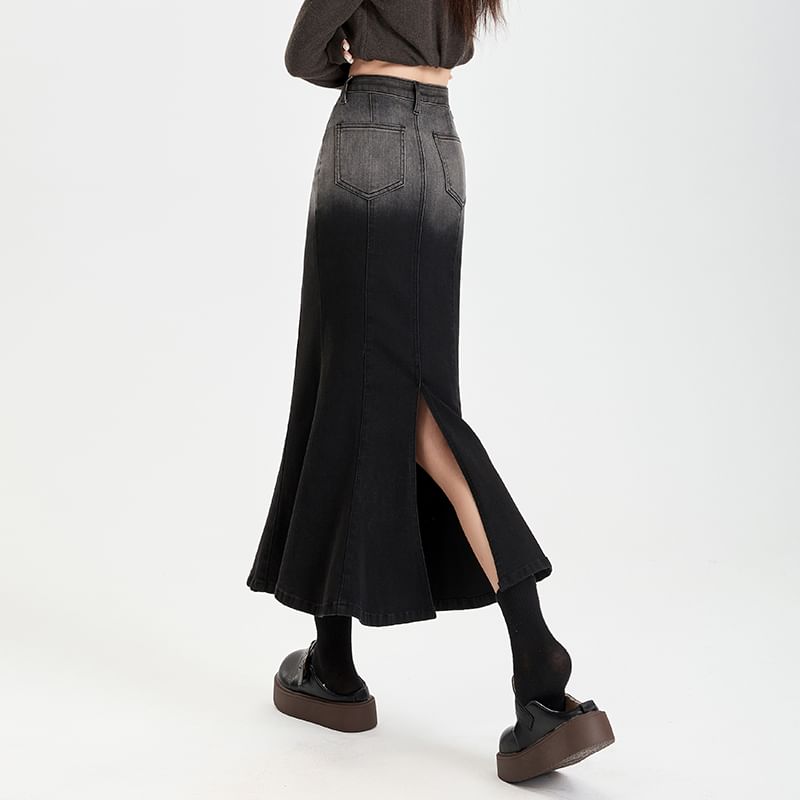 Gradient Washed Denim Mermaid Midi Skirt with High Rise