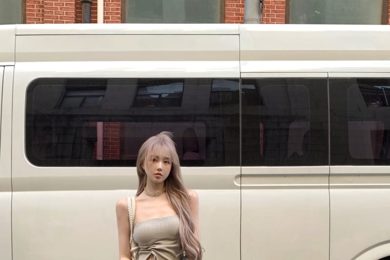 Drawstring Strapless Waist Side-Slit / High Pants Plain Flared Asymmetrical Top