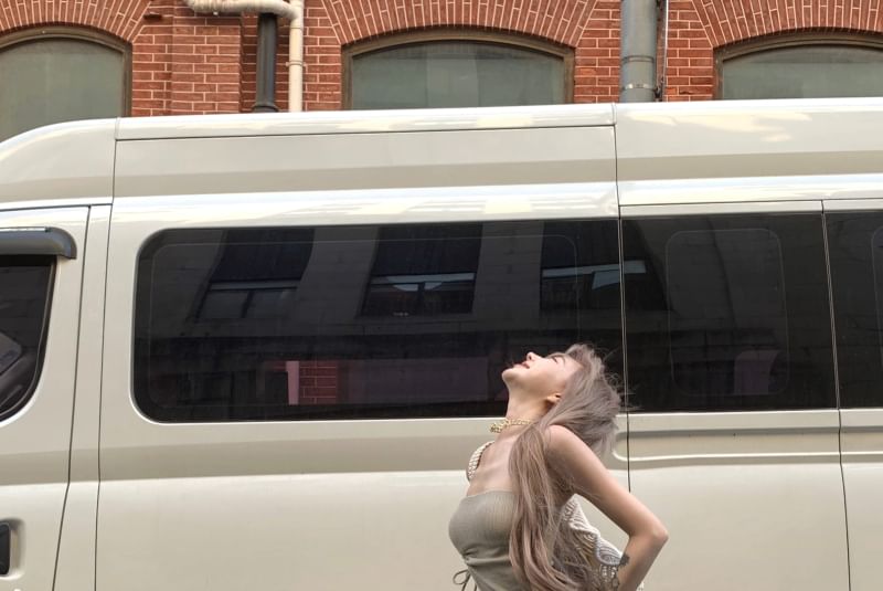 Drawstring Strapless Waist Side-Slit / High Pants Plain Flared Asymmetrical Top