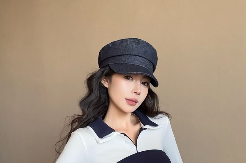 Pencil Mini Collar Top Tee High Long-Sleeve Contrast Skirt / Plain Trim Tube Waist Tie-Front