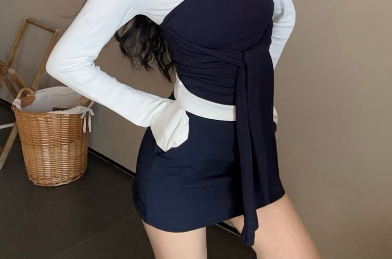Pencil Mini Collar Top Tee High Long-Sleeve Contrast Skirt / Plain Trim Tube Waist Tie-Front