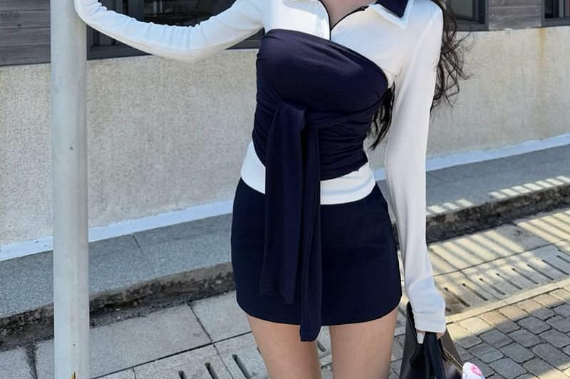 Pencil Mini Collar Top Tee High Long-Sleeve Contrast Skirt / Plain Trim Tube Waist Tie-Front