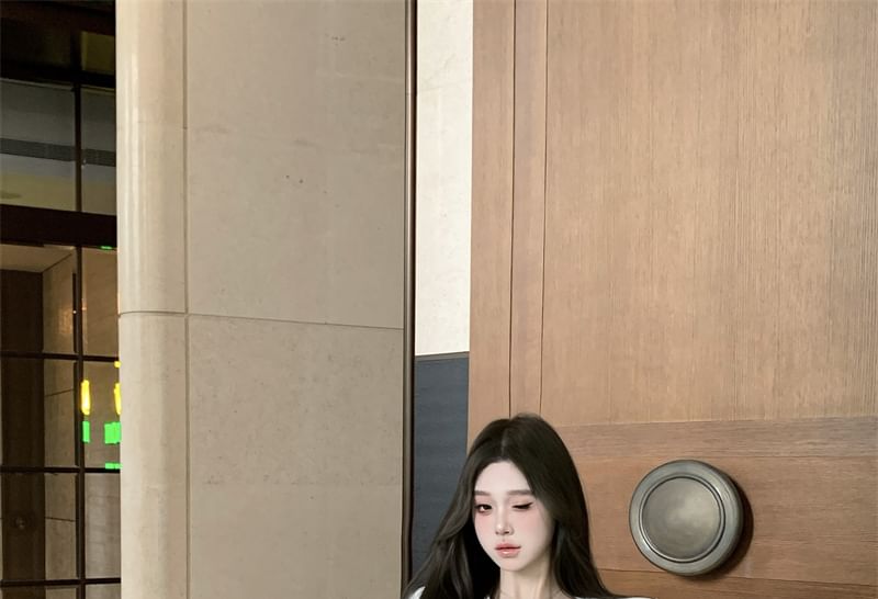 A-Line Cropped Open Plain Top High Mini / Front Lace Skirt Bustier Rise Jacket