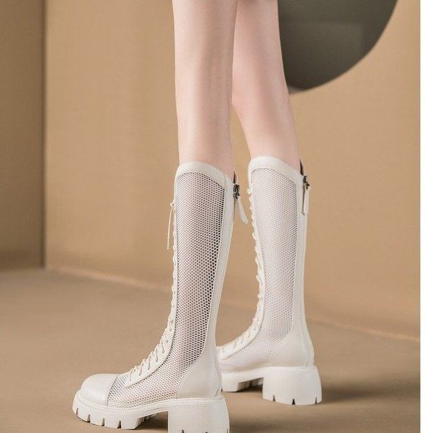 Panel Tall Platform Lace-Up Mesh Boots