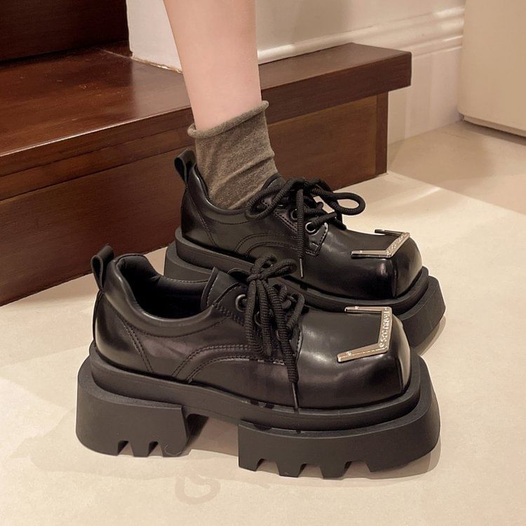 Leather Platform Shoes Square Faux Toe Metal Accent Lace-Up