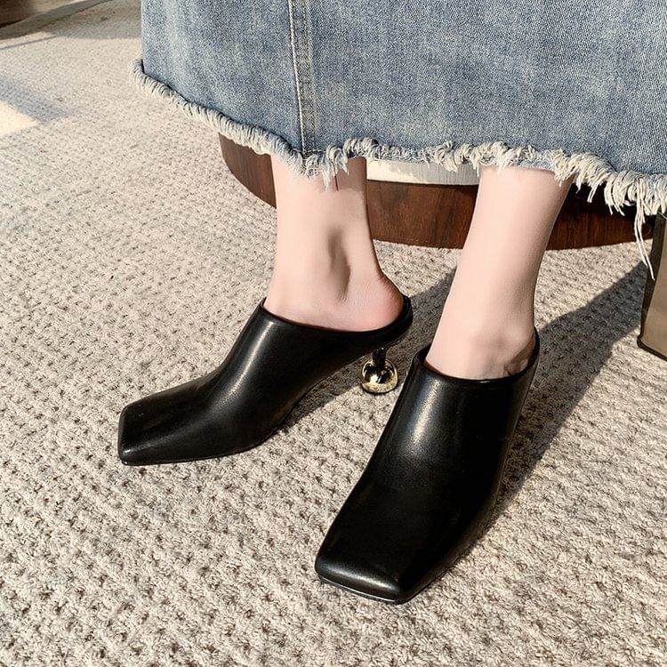 Heel Faux High Toe Square Mules Plain Leather
